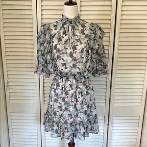 Lavender Brown Sheer Floral Mini Dress in Gray and Cream
